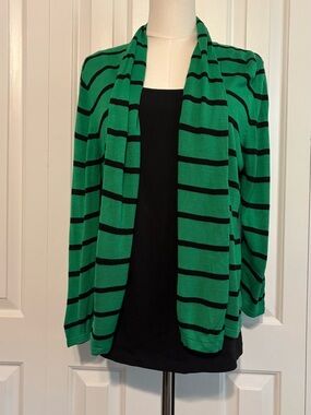 Unbranded, Open-Front Green and Black Striped Cardigan